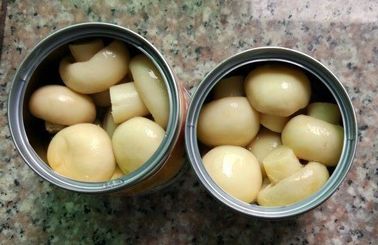 전부는 어린 버섯, 통조림으로 만들어진 마리네이드에 담궈진 버섯 밝은 노란색 색깔을 통조림으로 만들었습니다